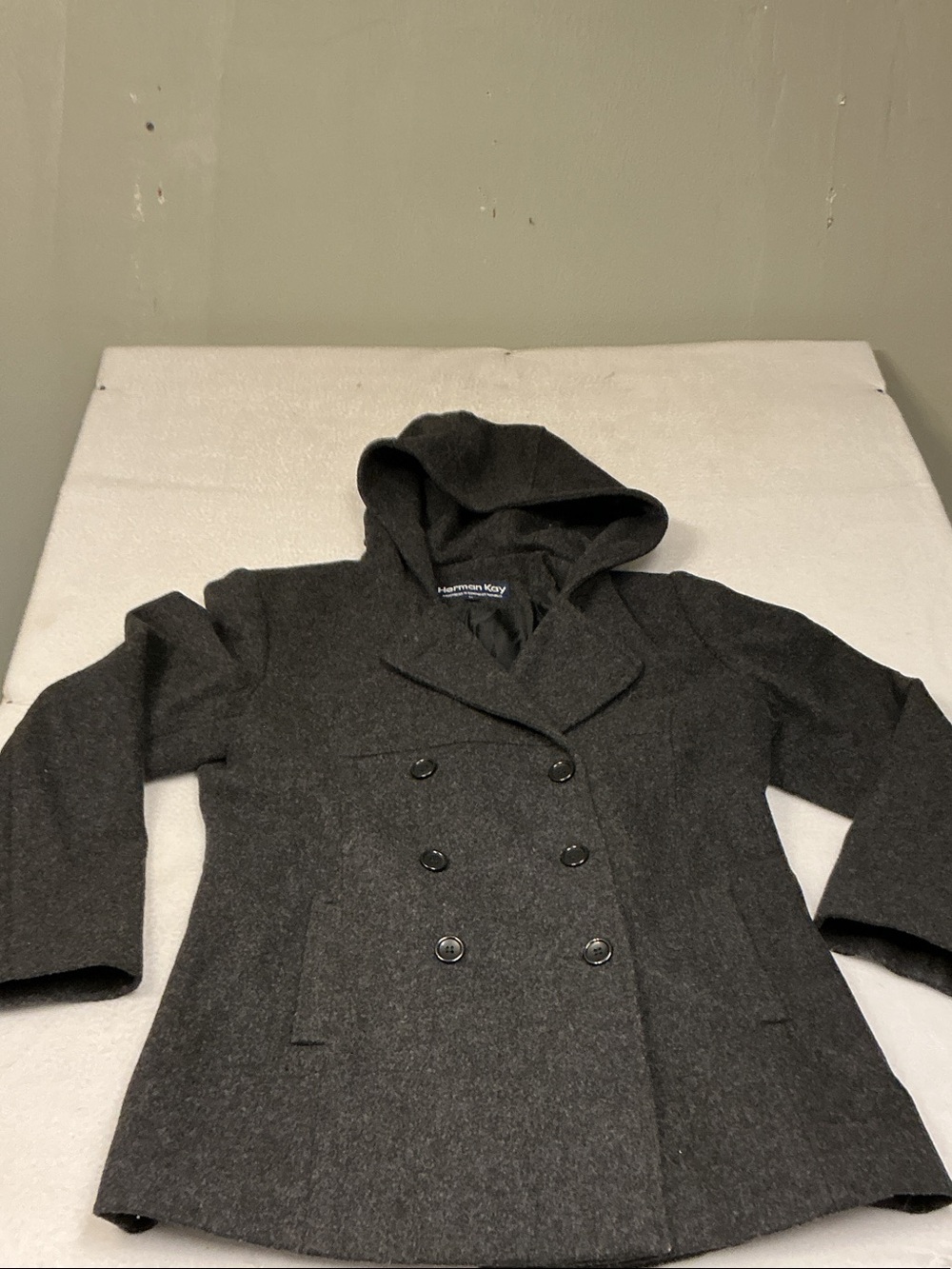 Herman Kay Women’s Charcoal Hooded Wool Blend Peacoat Sz M.